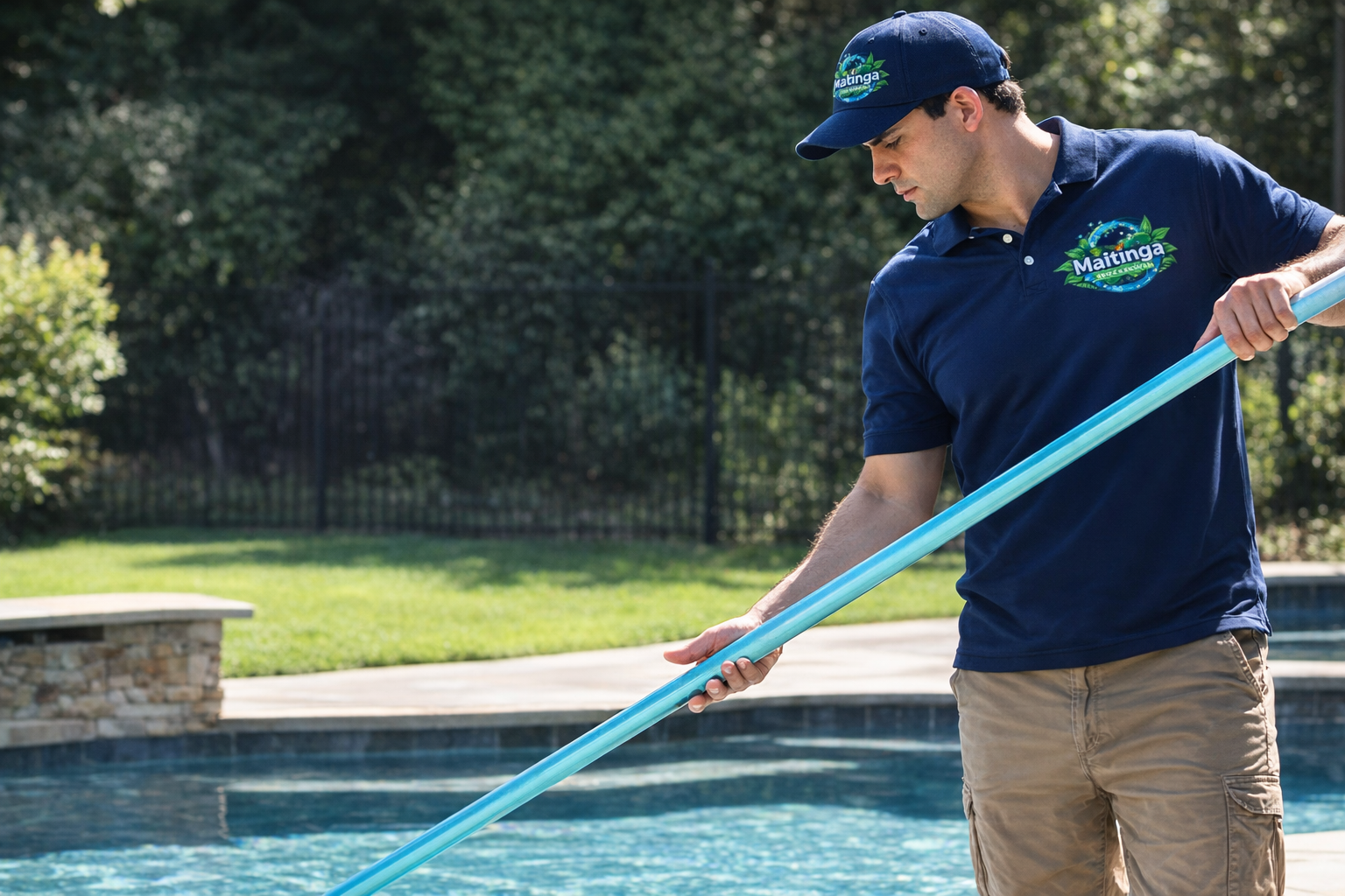Técnico Maitinga limpando piscina em Bertioga - limpeza profissional